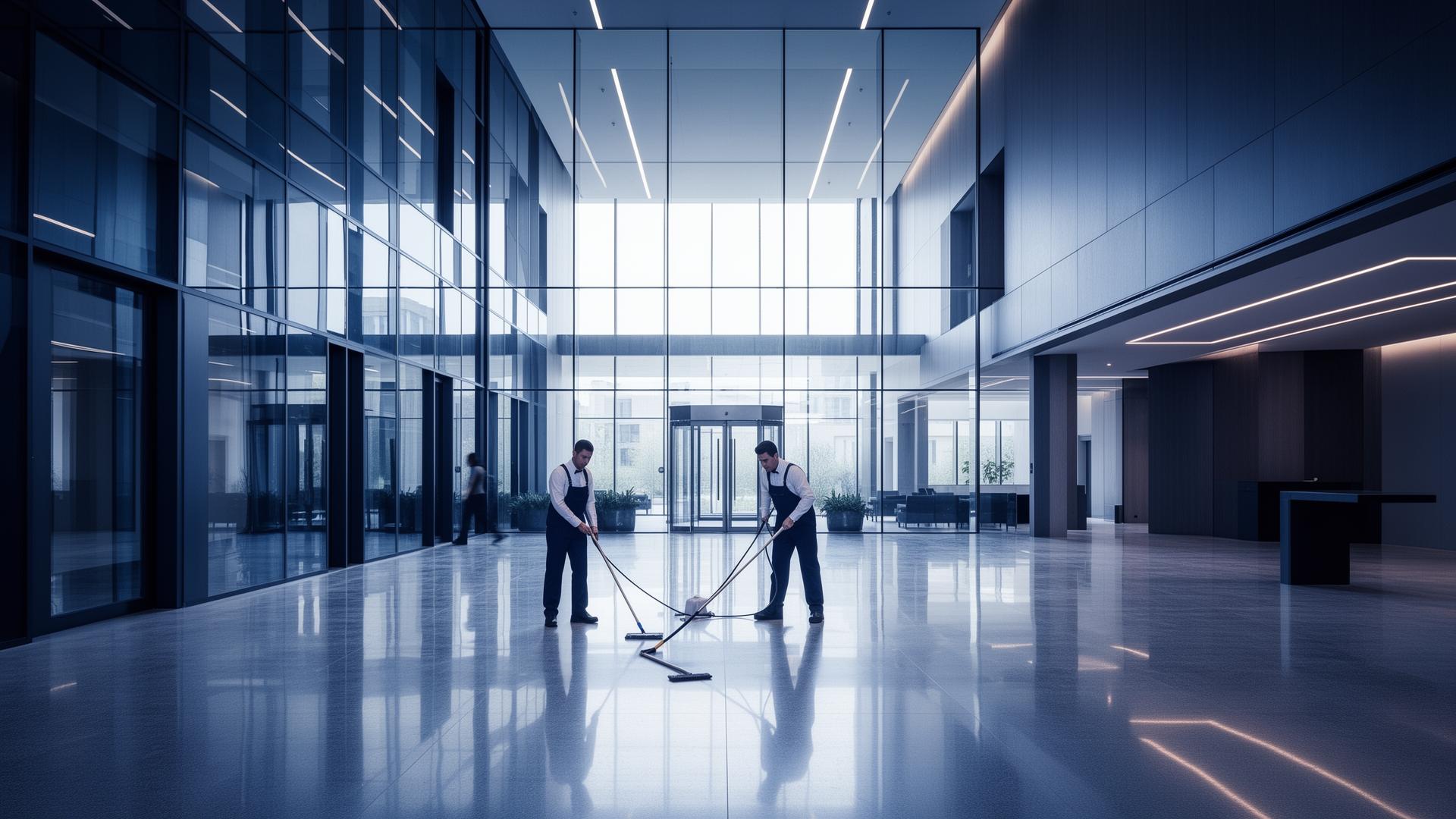 Modern office lobby being cleaned