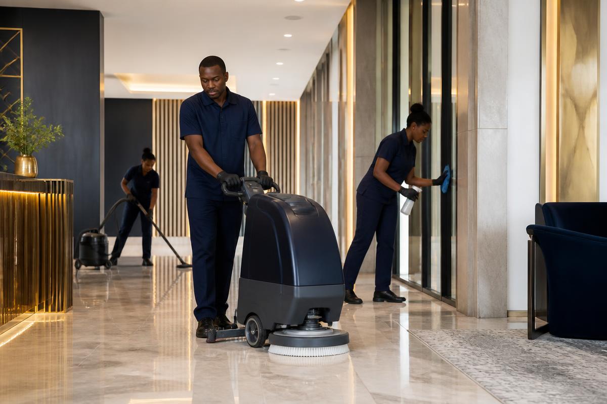 Specialised deep cleaning team scrubbing and polishing a commercial floor
