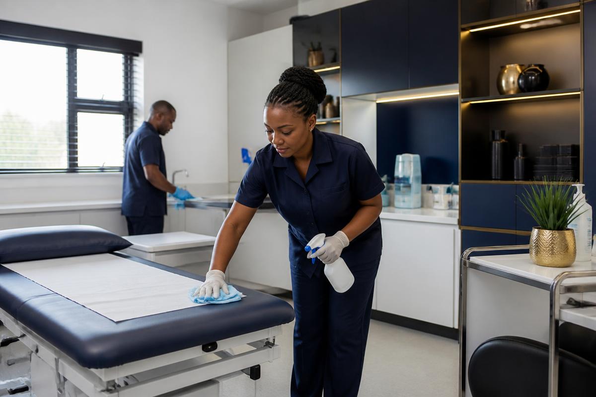 Stocksure healthcare cleaning operative disinfecting a hospital treatment room in Botswana