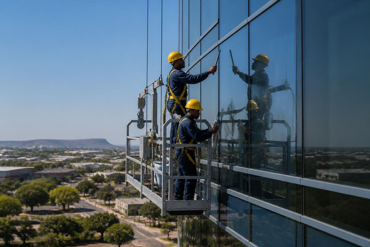 High-rise window cleaning team cleaning the exterior glass facade of a multi-storey building