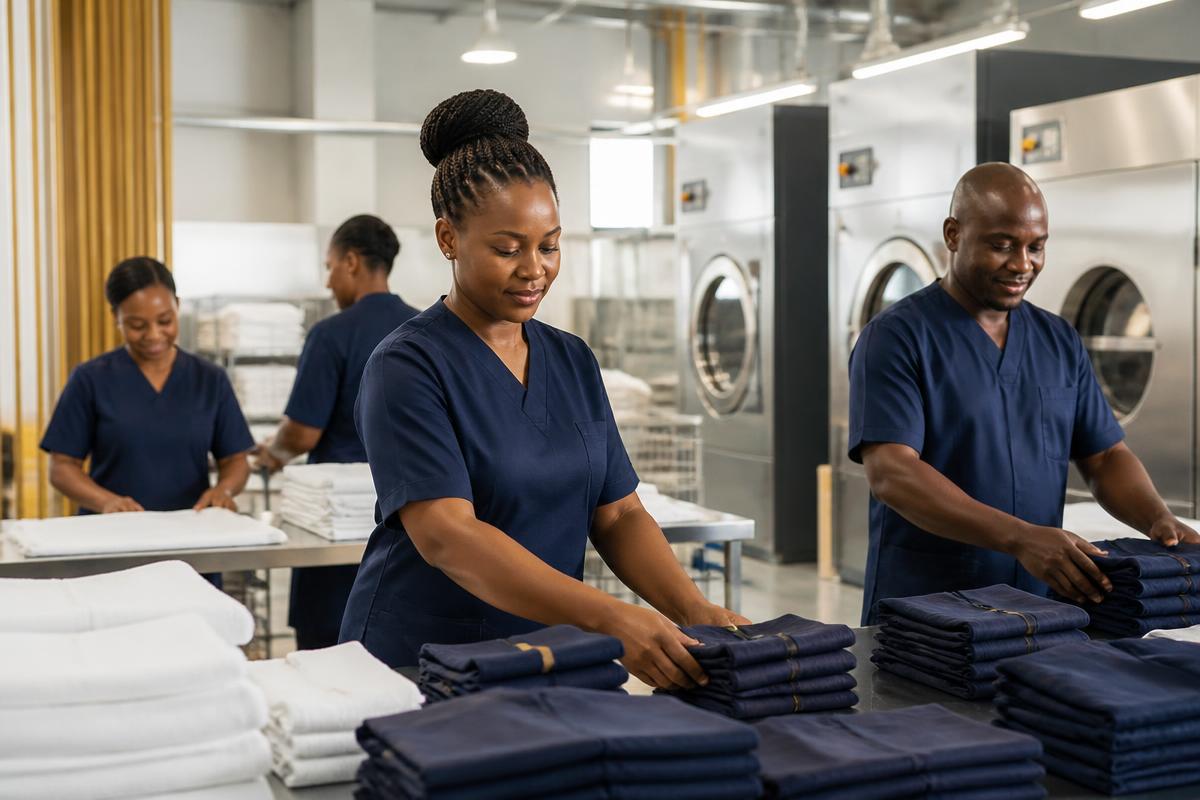 Industrial laundry support preparing clean workwear and linen for Botswana institutions
