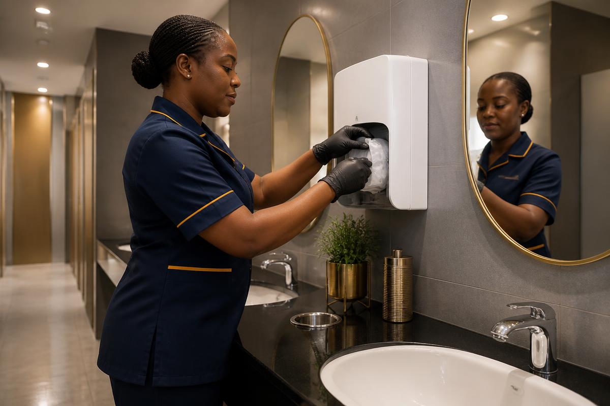 Washroom hygiene service and sanitary dispenser servicing in a commercial building