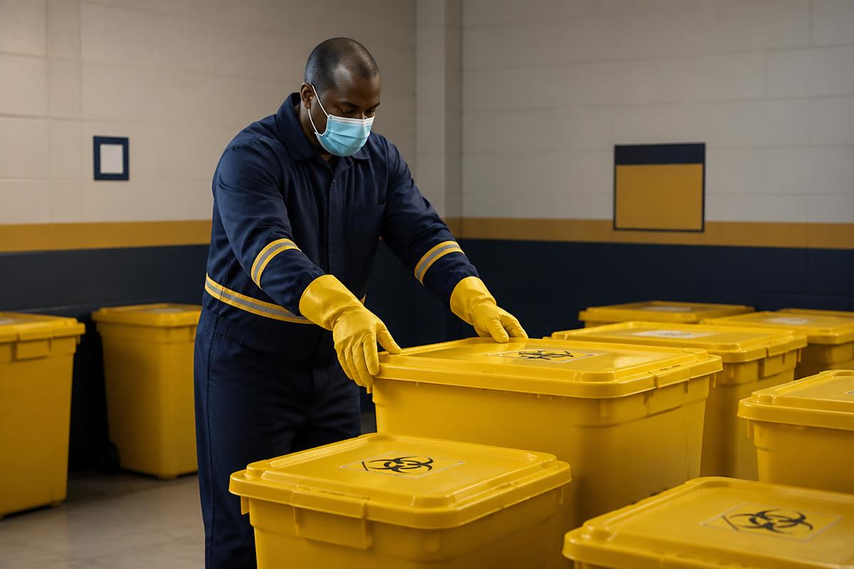 Cleaning operative safely handling sealed clinical waste containers at a Botswana healthcare facility